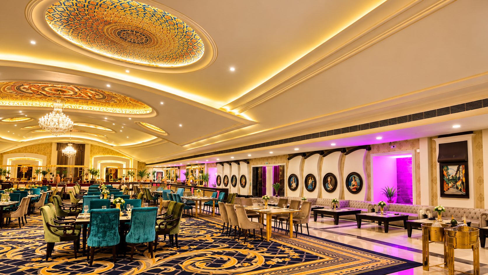 The Grand Ballroom at Konica Resorts — opulent golden ceiling, crystal chandeliers, luxurious seating